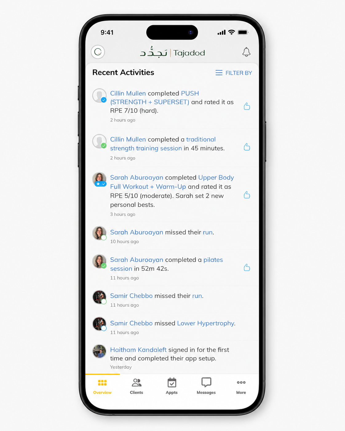 TAJADOD app coach view of recent client activities