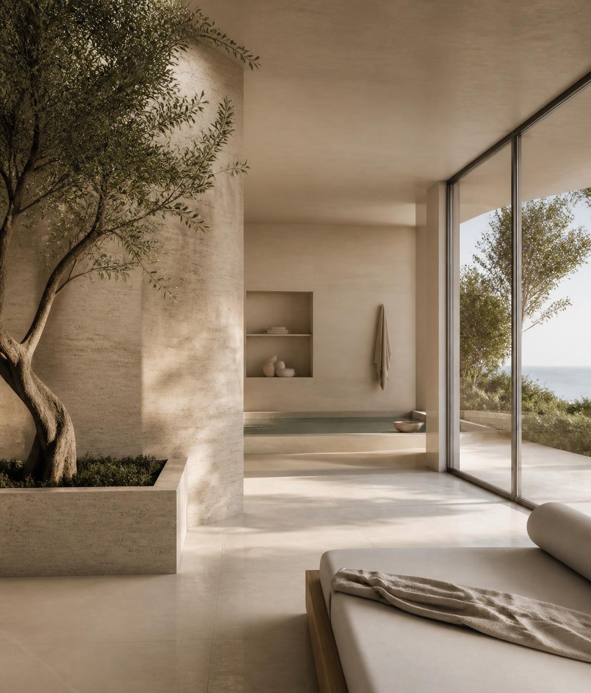 Minimal travertine wellness interior with olive tree and daylight